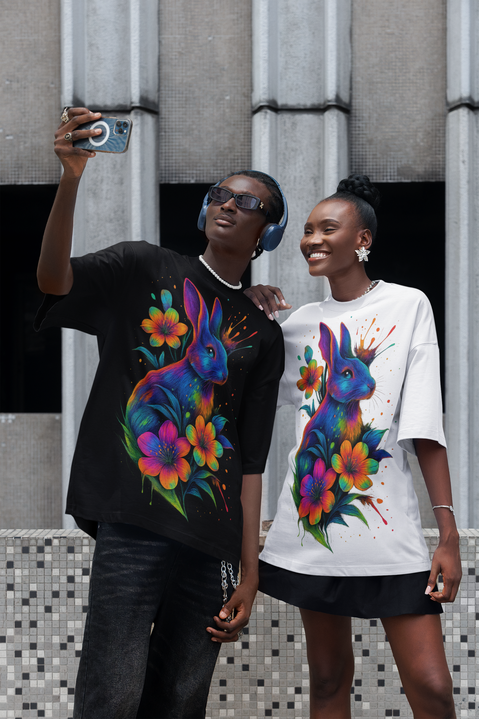 Image of Dinos “Neon Rabbit” T-Shirt | One-of-One Ultra-Premium Oversized Tee | Psychedelic Streetwear Art | by Dinos - DINOS FASHION