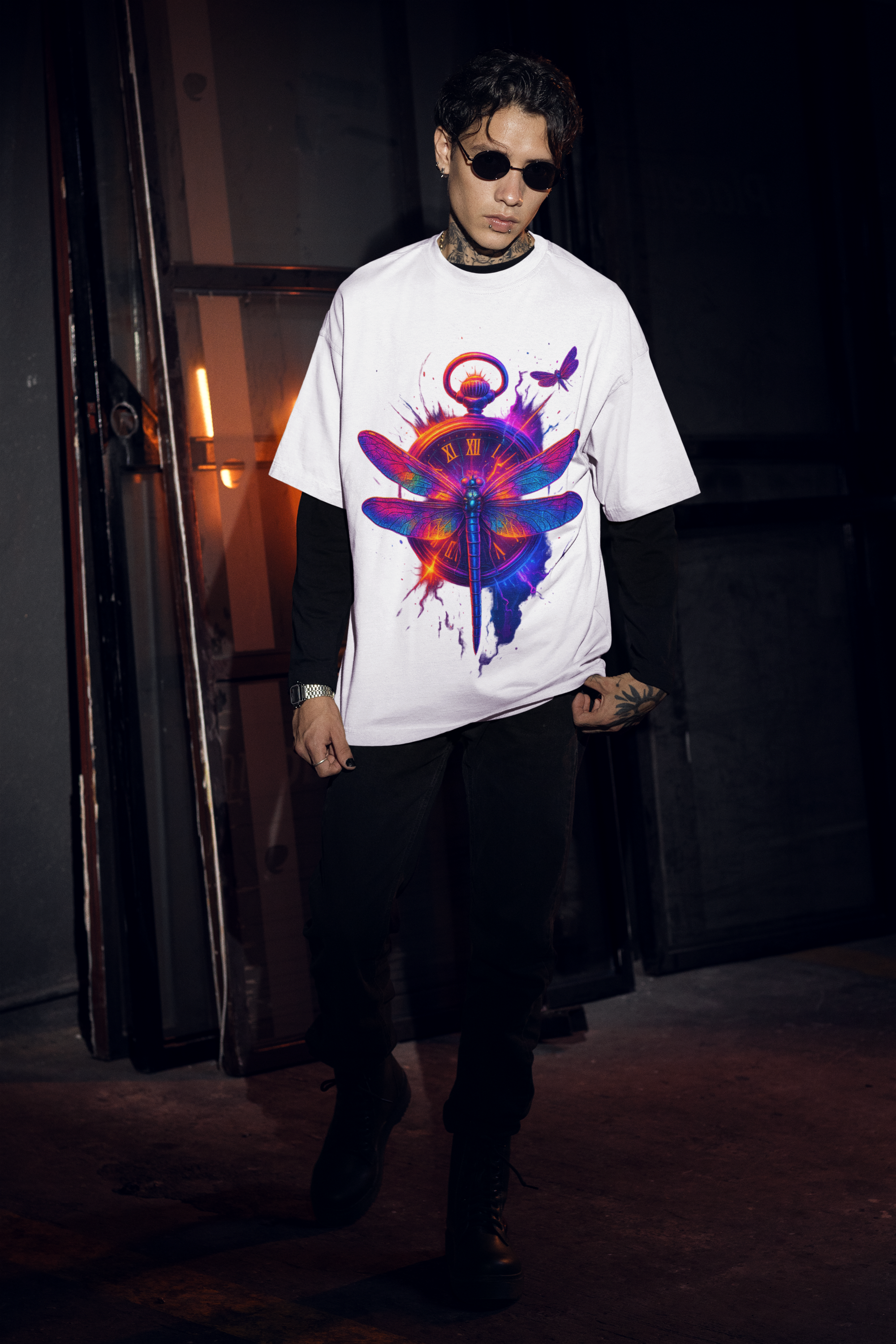 Image of Dinos “Timeless Wings” Oversized T-Shirt | Neon Dragonfly & Clock Design | Premium 100% Cotton Artistic Streetwear - DINOS FASHION