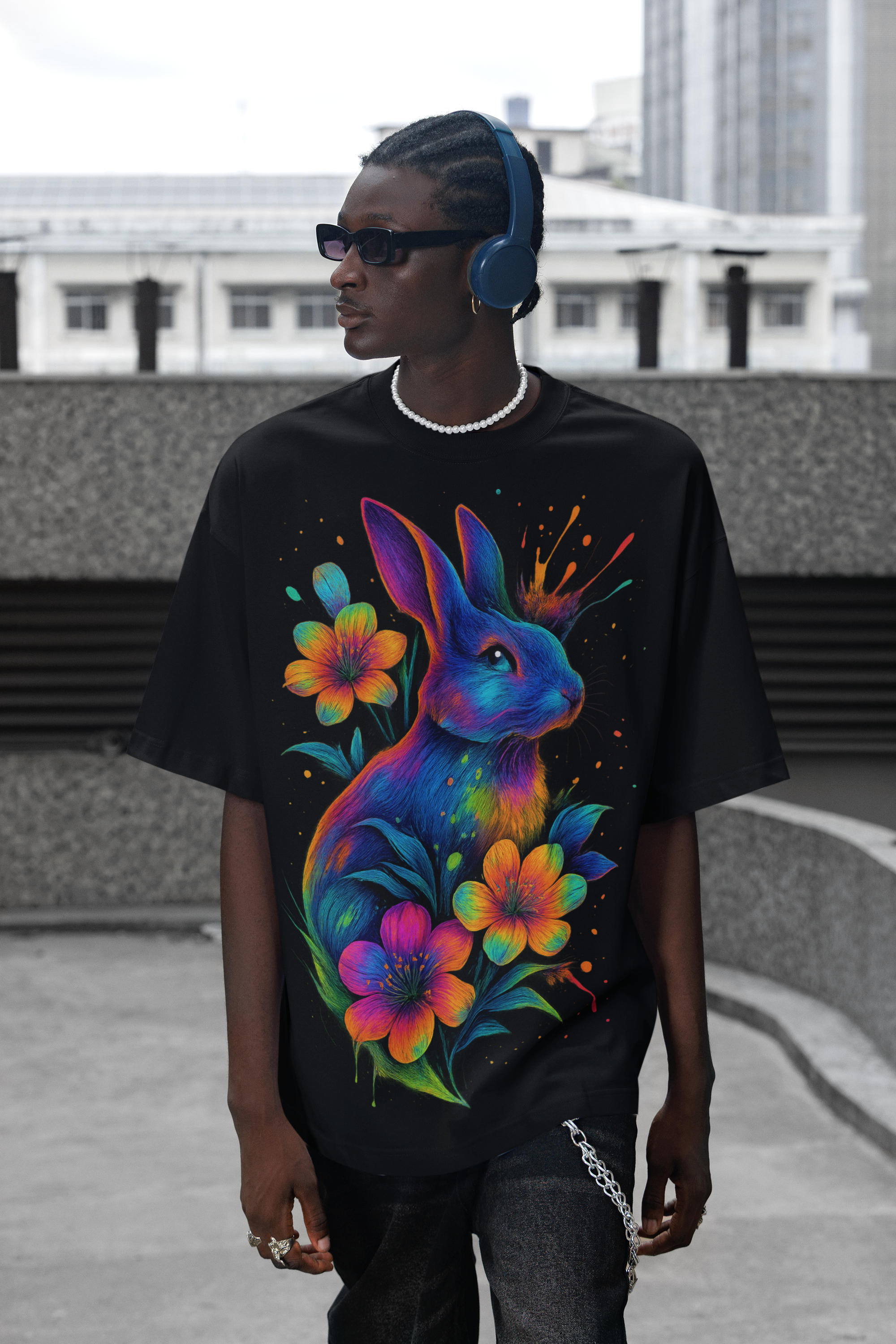 Image of Dinos “Neon Rabbit” T-Shirt | One-of-One Ultra-Premium Oversized Tee | Psychedelic Streetwear Art | by Dinos - DINOS FASHION