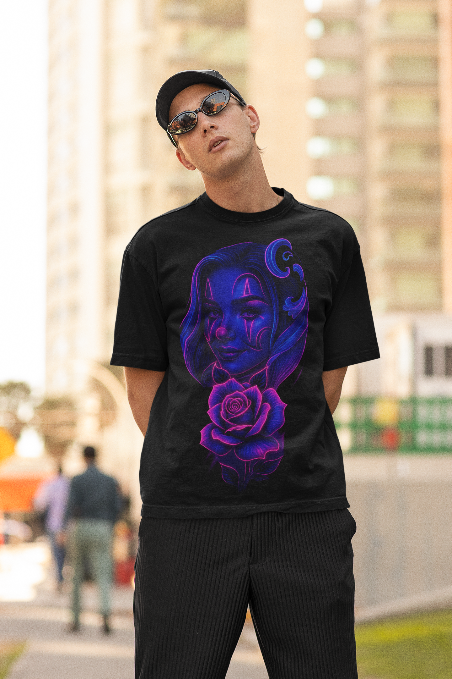 Dinos “Luna Rose” Oversized T-Shirt | Neon Female Clown Portrait | Premium 100% Cotton Artistic Streetwear - DINOS FASHION