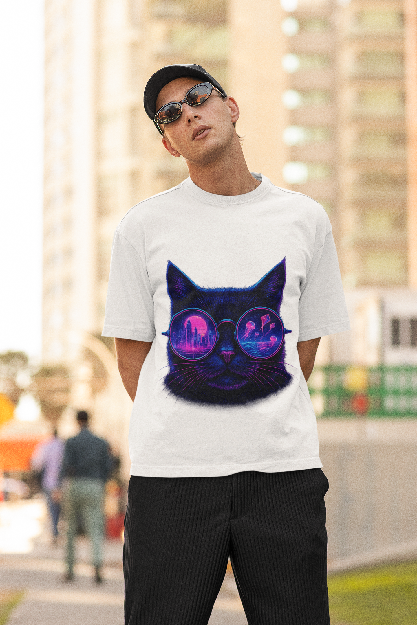 Dinos “Neon Vision” Oversized T-Shirt | Cyber Cat with Reflective Glasses | Premium 100% Cotton Streetwear - DINOS FASHION