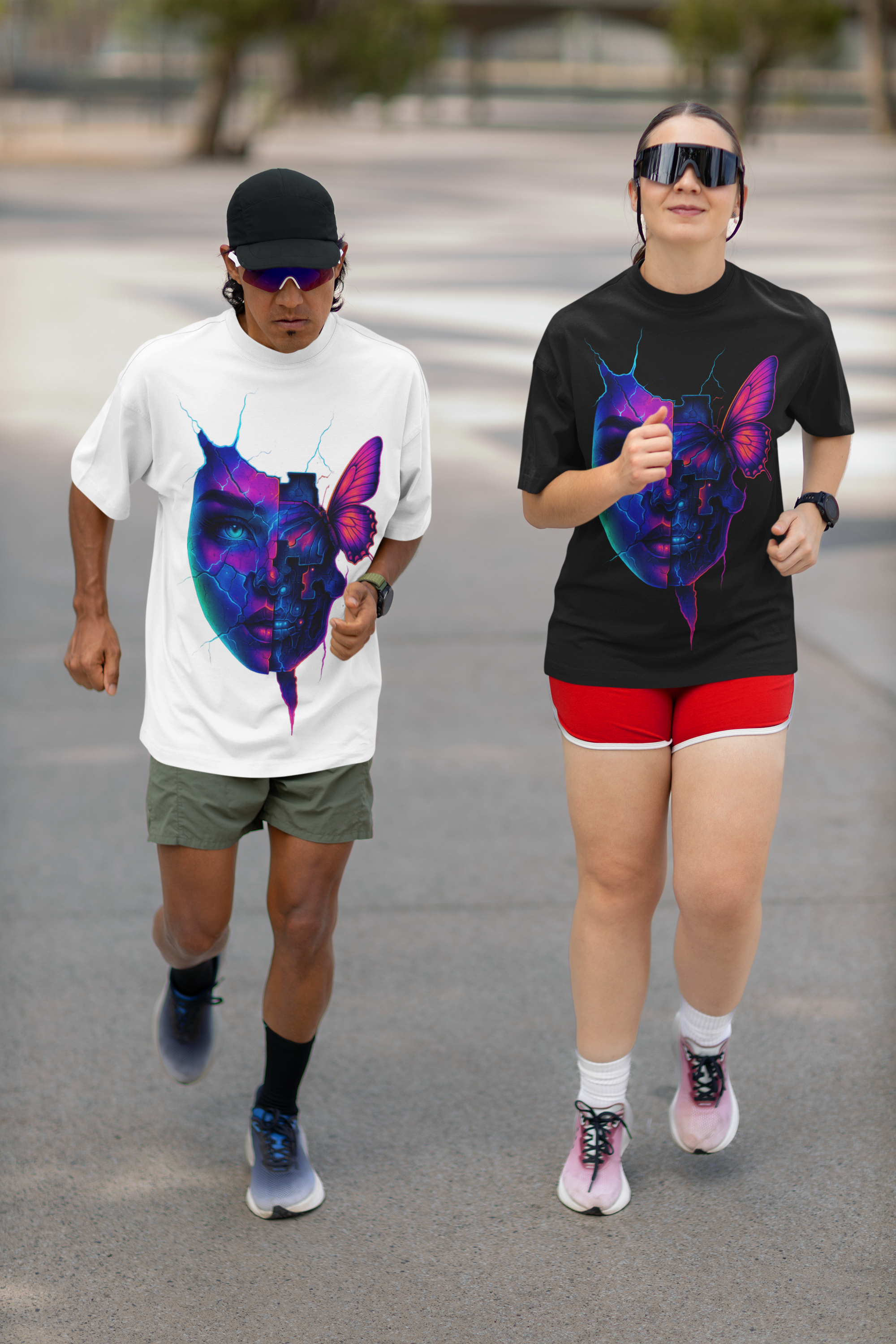 Image of Dinos “Broken Soul” Oversized T-Shirt | Neon Cyber Butterfly Face | Premium 100% Cotton Streetwear - DINOS FASHION