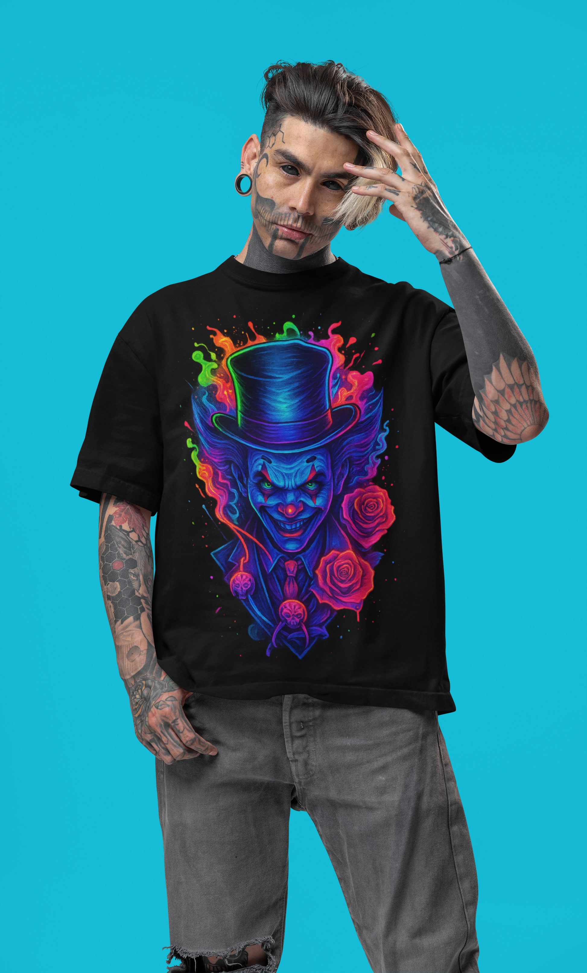 Dinos “Neon Clown” Oversized Heavyweight Streetwear T-Shirt | 100% Cotton | Premium DTF Print - DINOS FASHION