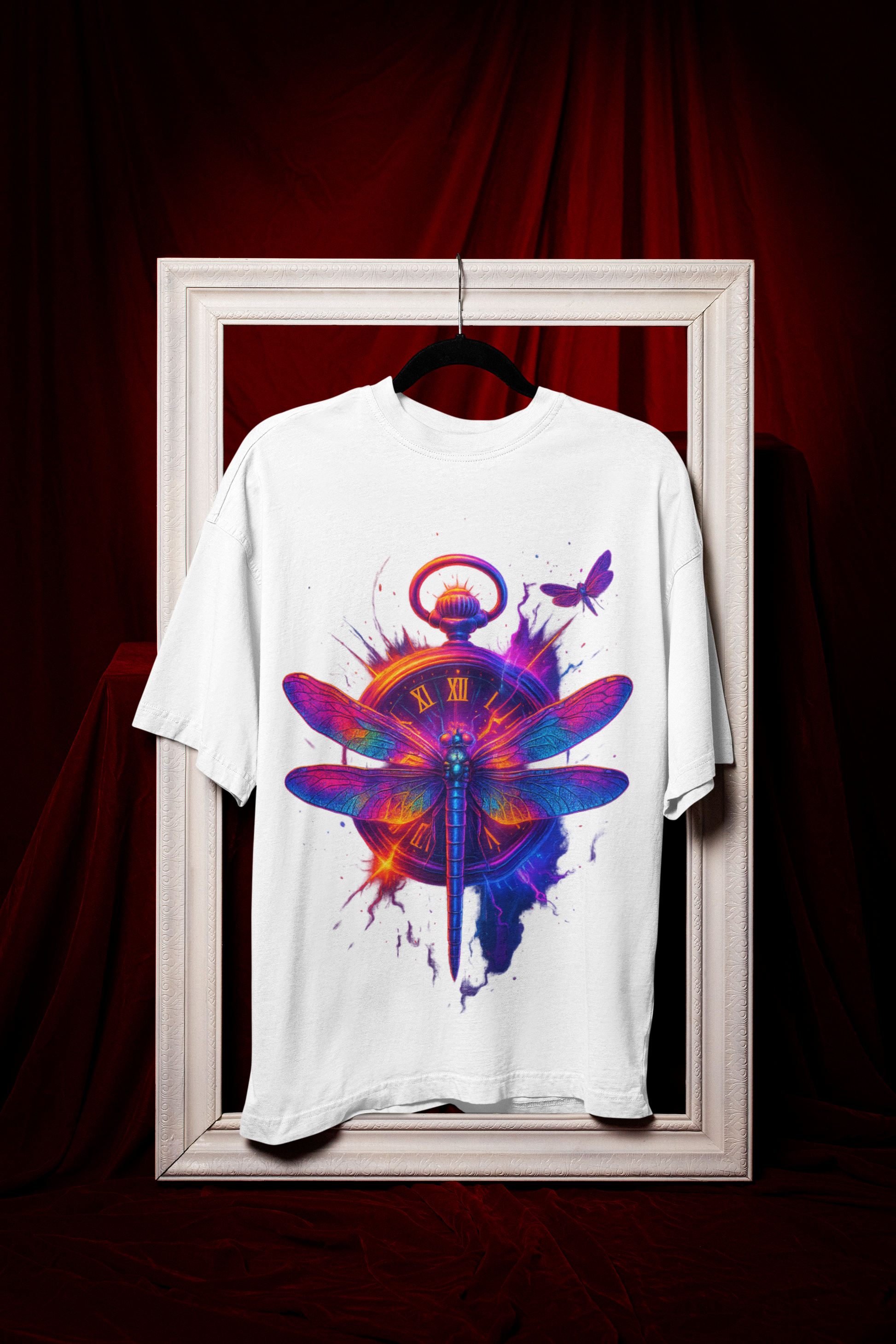 Dinos “Timeless Wings” Oversized T-Shirt | Neon Dragonfly & Clock Design | Premium 100% Cotton Artistic Streetwear - DINOS FASHION