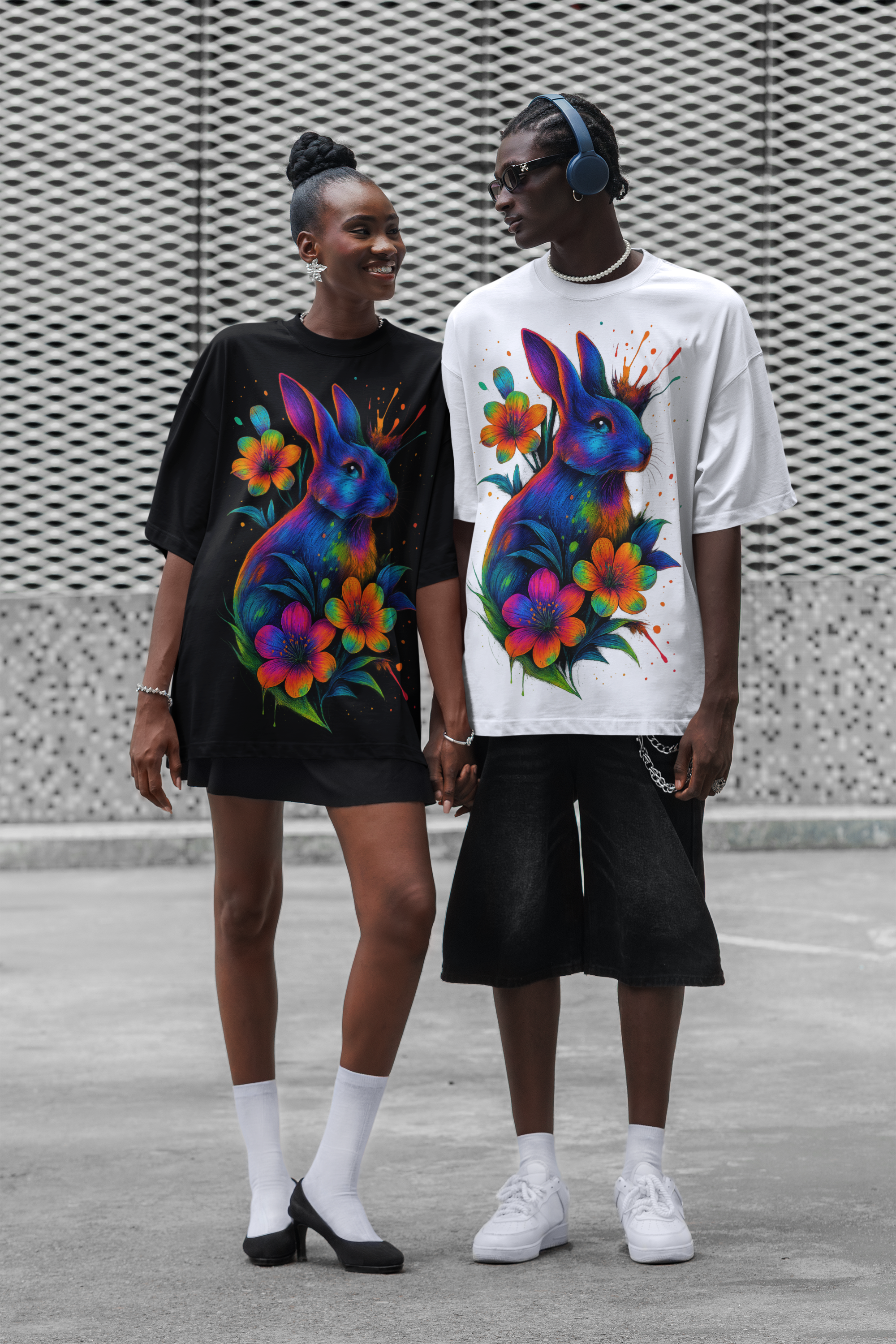 Dinos “Neon Rabbit” T-Shirt | One-of-One Ultra-Premium Oversized Tee | Psychedelic Streetwear Art | by Dinos - DINOS FASHION
