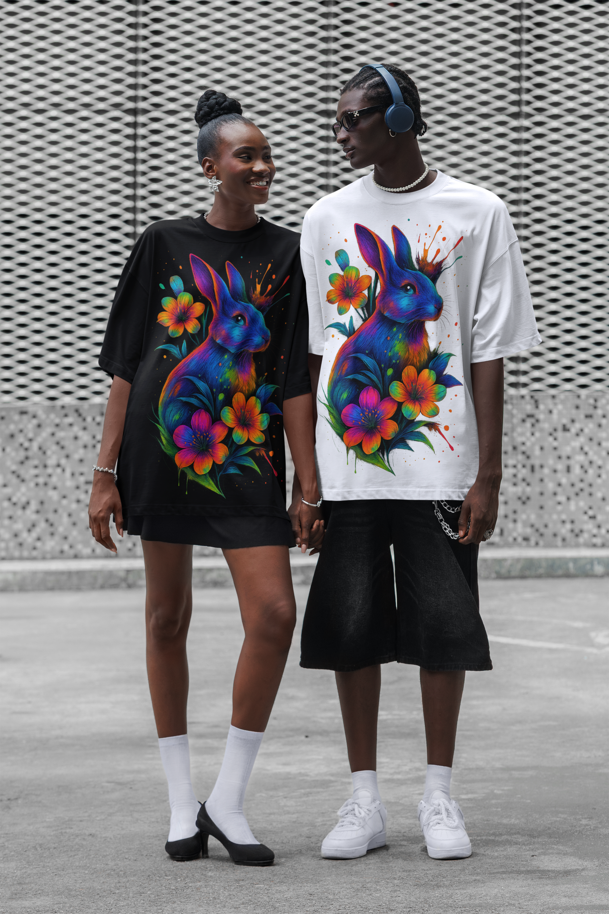 Dinos “Neon Rabbit” T-Shirt | One-of-One Ultra-Premium Oversized Tee | Psychedelic Streetwear Art | by Dinos - DINOS FASHION
