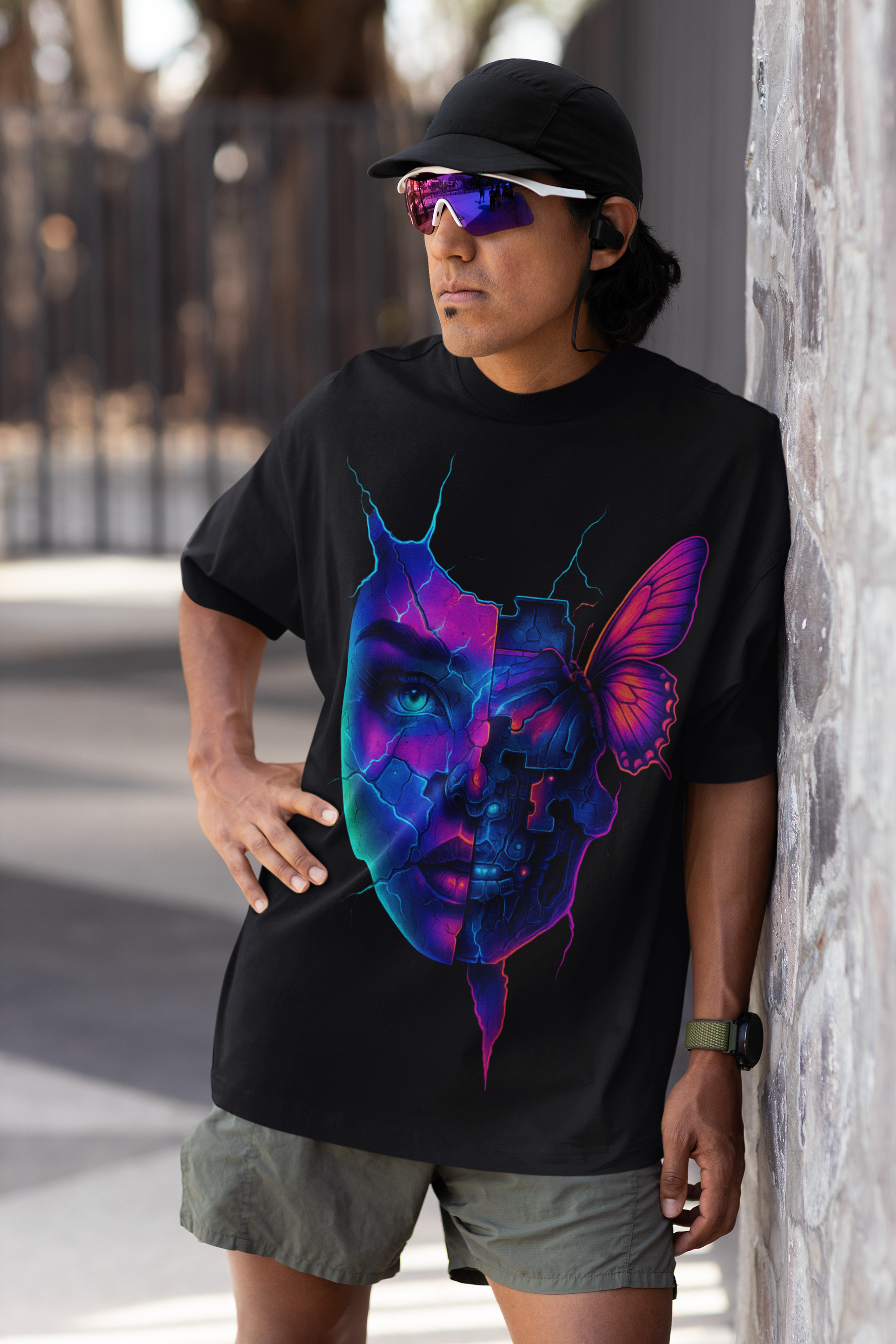 Dinos “Broken Soul” Oversized T-Shirt | Neon Cyber Butterfly Face | Premium 100% Cotton Streetwear - DINOS FASHION