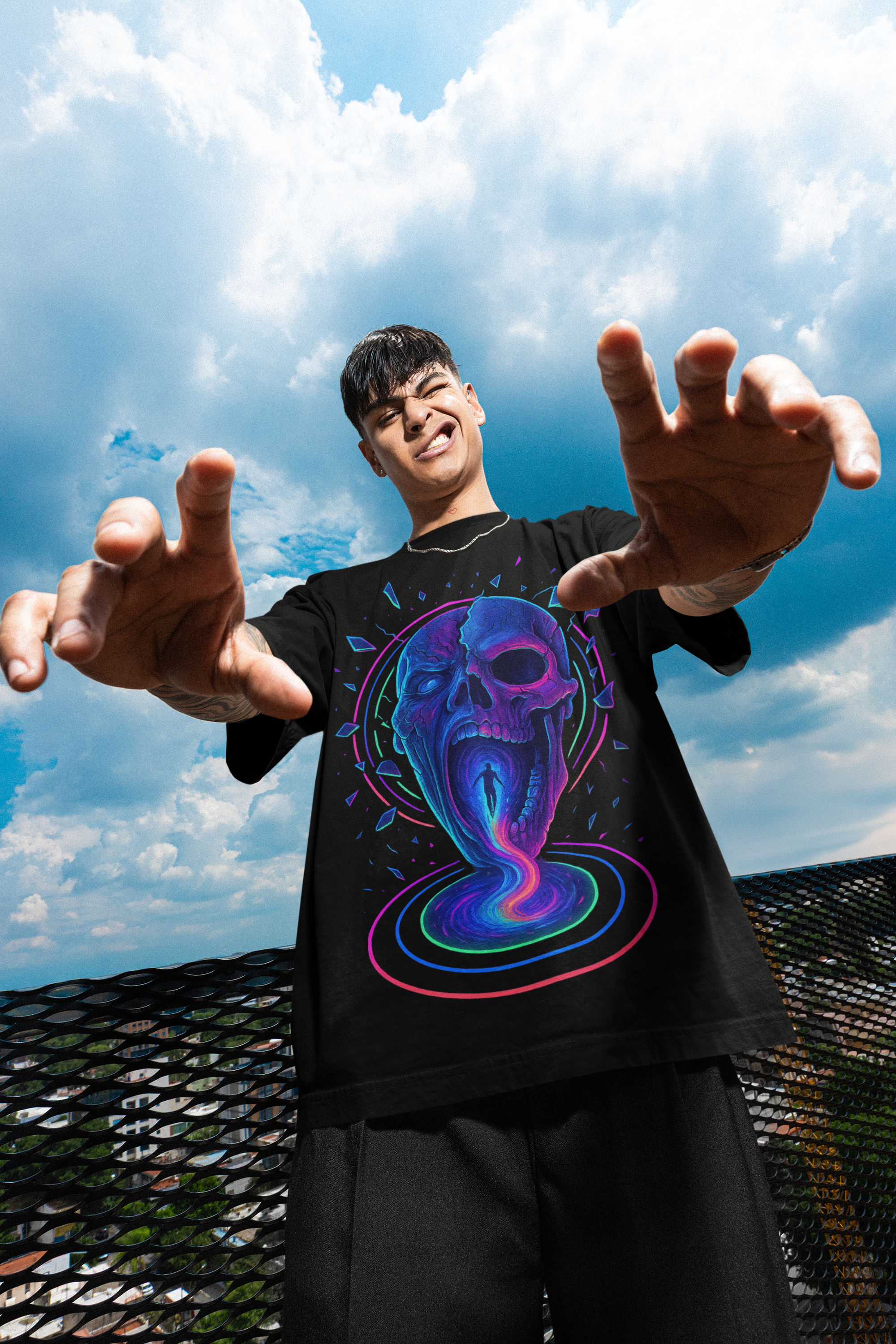 Dinos “Neon Abyss” Oversized T-Shirt | Glowing Skull Portal | Premium 100% Cotton Cyber Streetwear - DINOS FASHION