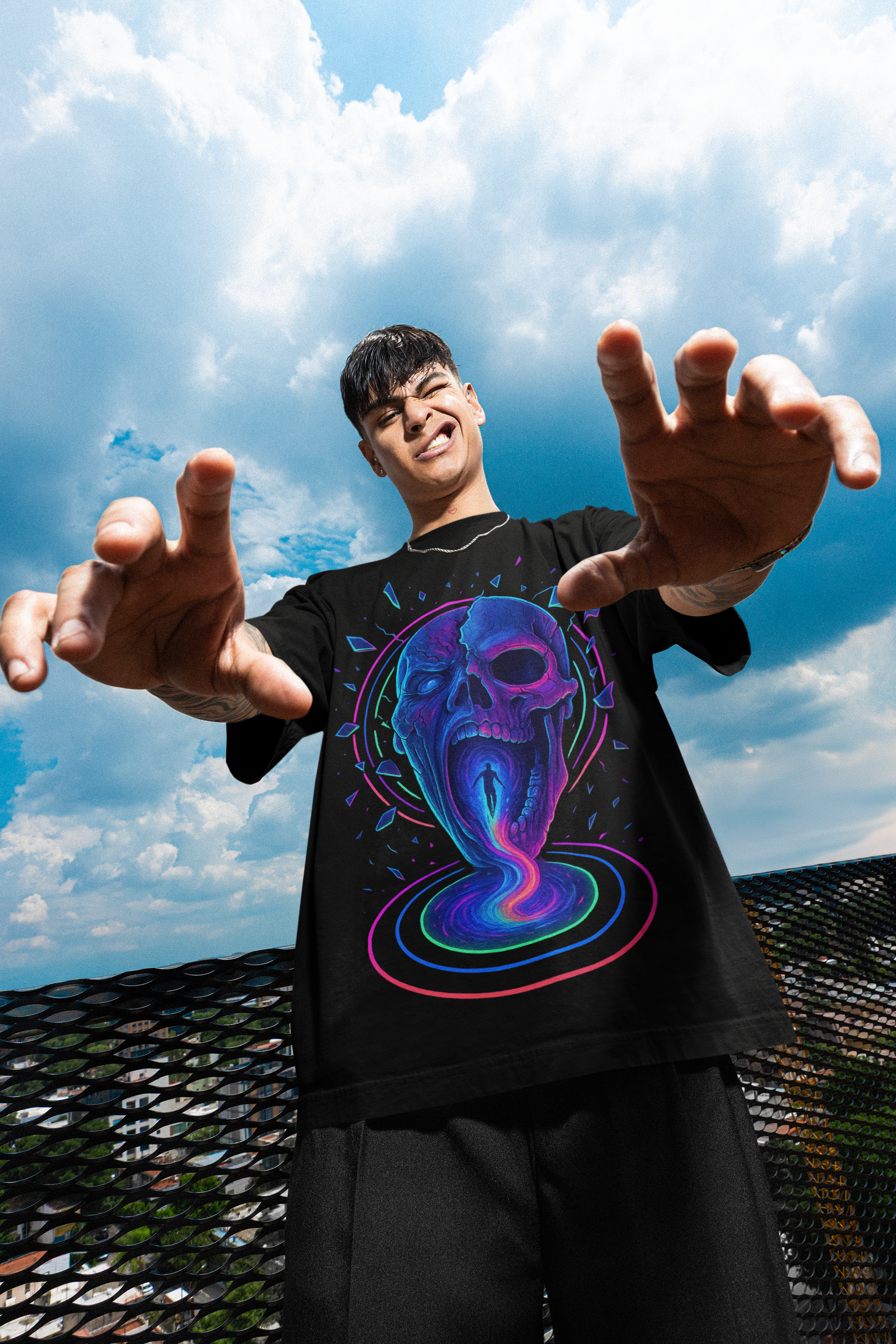 Dinos “Neon Abyss” Oversized T-Shirt | Glowing Skull Portal | Premium 100% Cotton Cyber Streetwear - DINOS FASHION