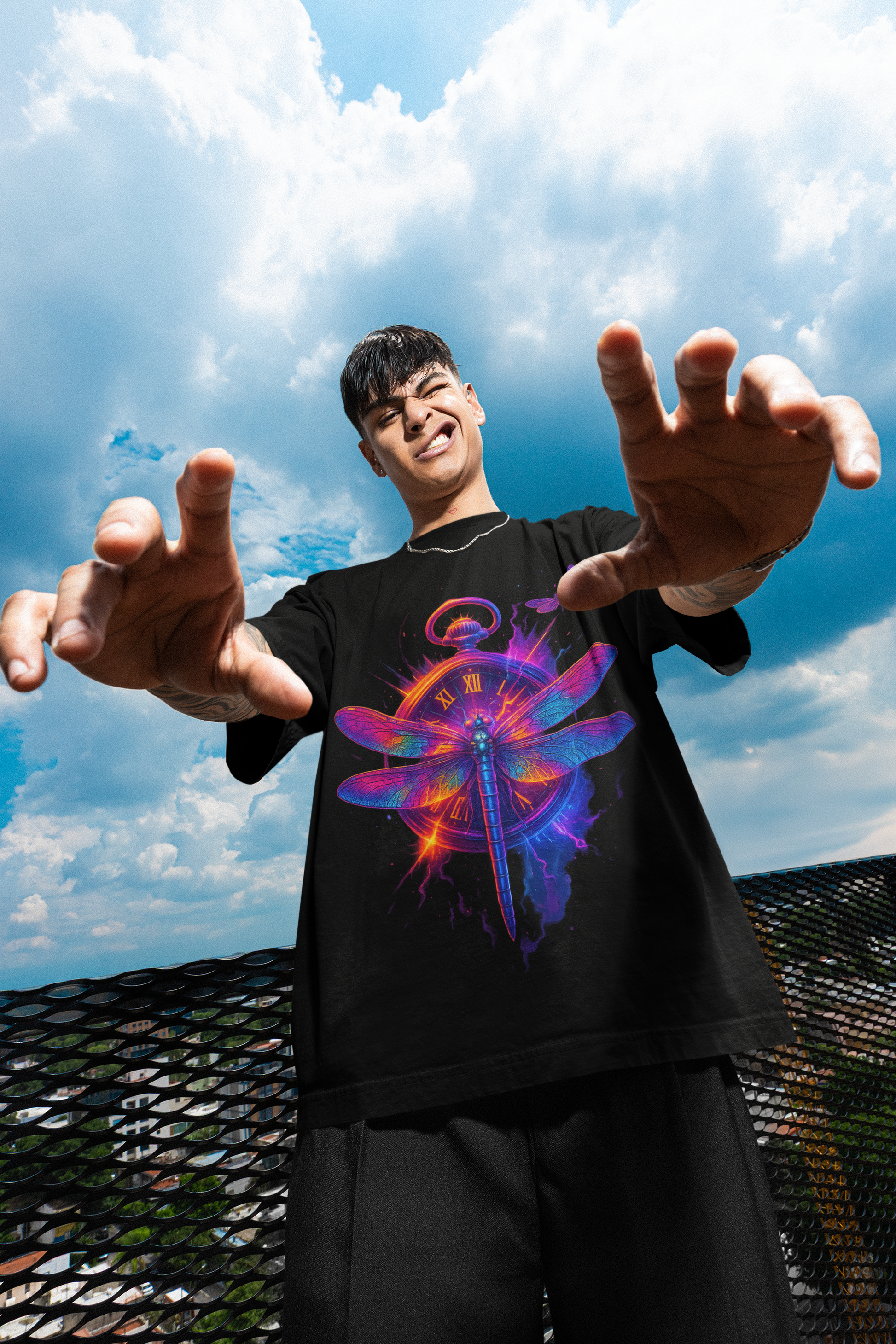Dinos “Timeless Wings” Oversized T-Shirt | Neon Dragonfly & Clock Design | Premium 100% Cotton Artistic Streetwear - DINOS FASHION