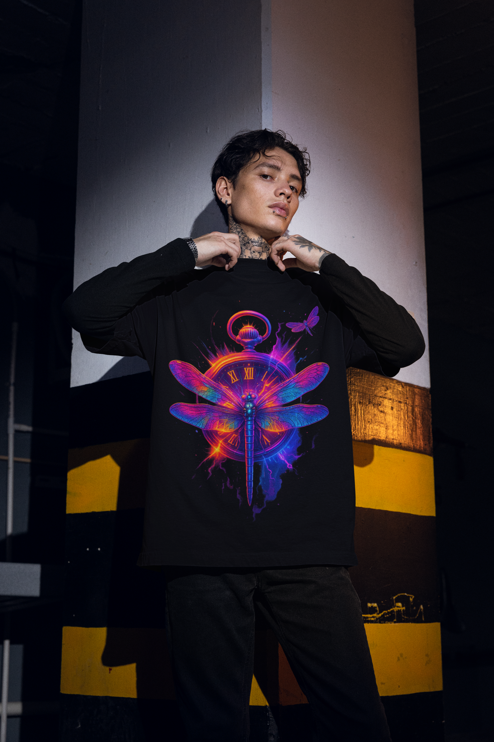 Image of Dinos “Timeless Wings” Oversized T-Shirt | Neon Dragonfly & Clock Design | Premium 100% Cotton Artistic Streetwear - DINOS FASHION