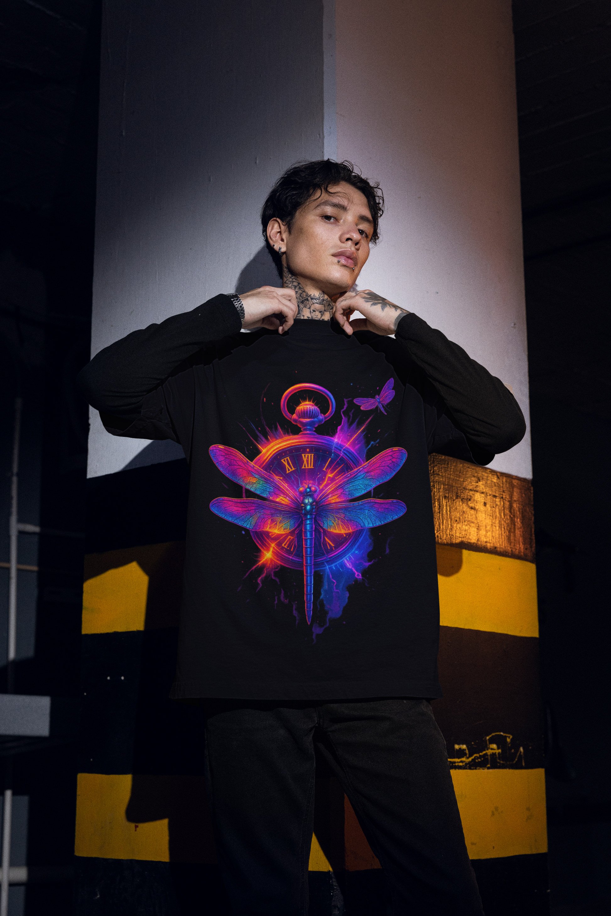 Dinos “Timeless Wings” Oversized T-Shirt | Neon Dragonfly & Clock Design | Premium 100% Cotton Artistic Streetwear - DINOS FASHION