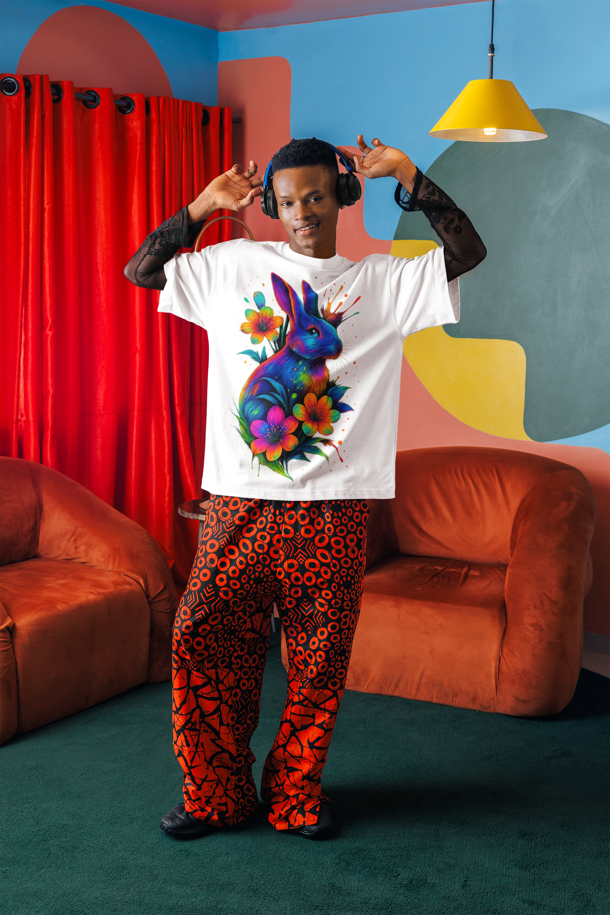 Image of Dinos “Neon Rabbit” T-Shirt | One-of-One Ultra-Premium Oversized Tee | Psychedelic Streetwear Art | by Dinos - DINOS FASHION