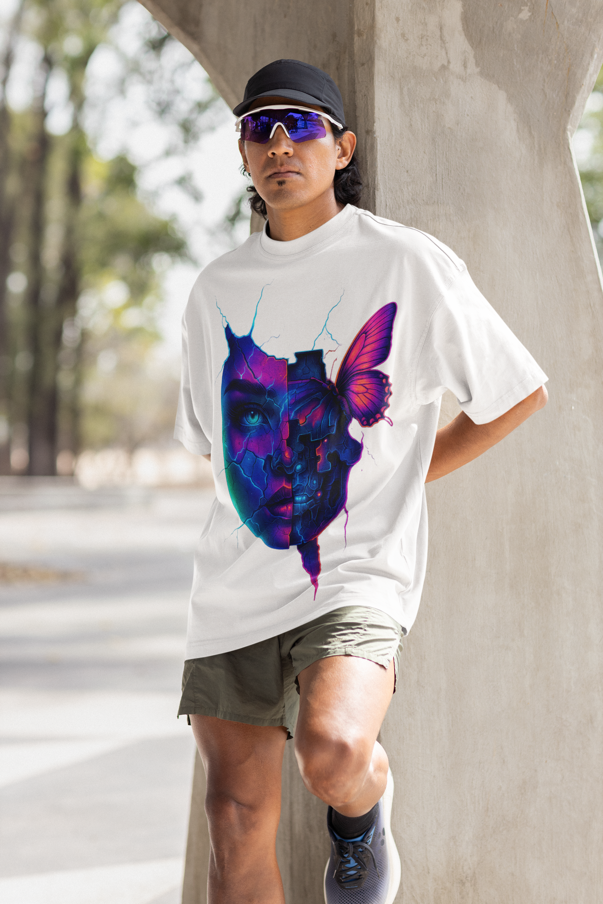 Image of Dinos “Broken Soul” Oversized T-Shirt | Neon Cyber Butterfly Face | Premium 100% Cotton Streetwear - DINOS FASHION