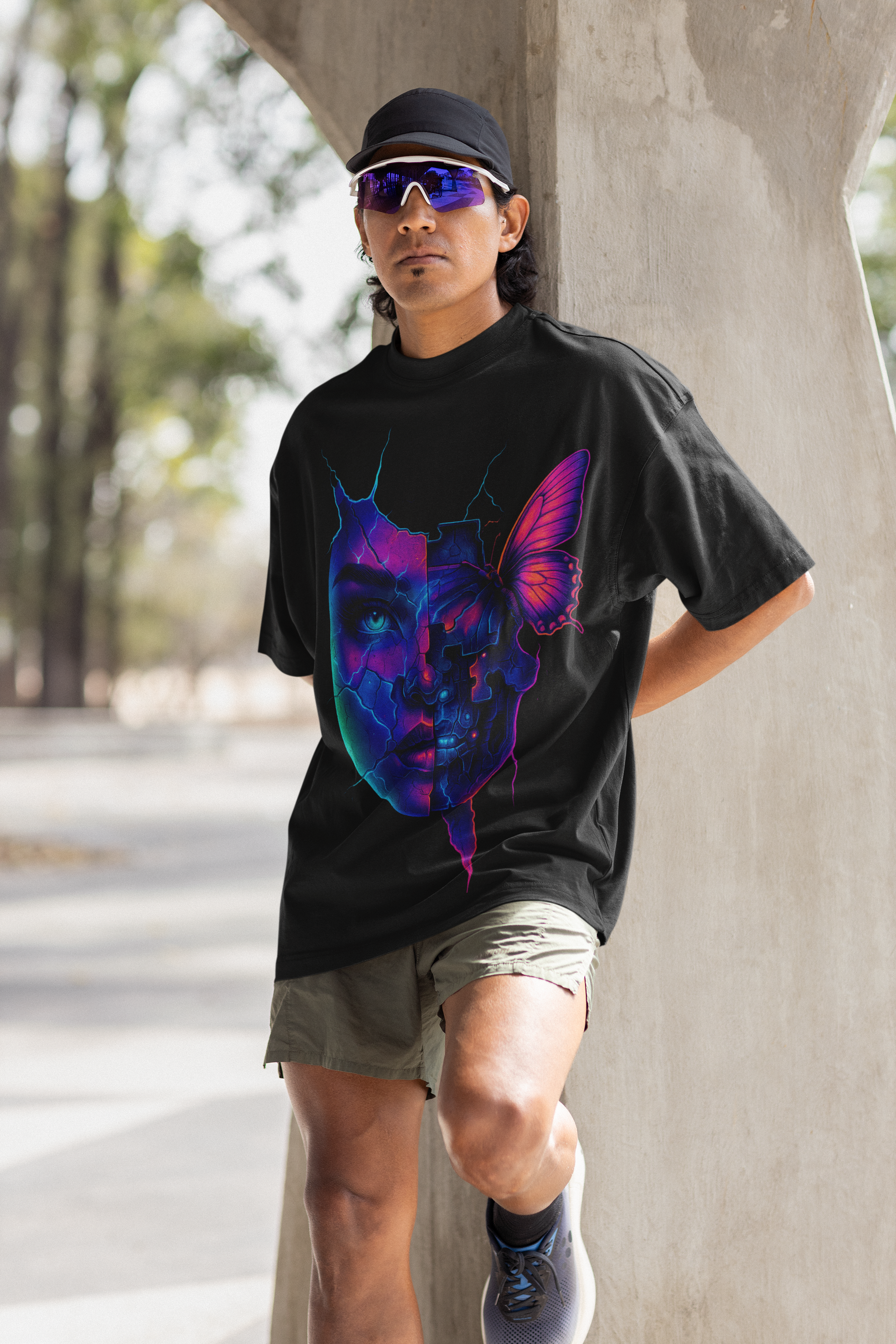 Dinos “Broken Soul” Oversized T-Shirt | Neon Cyber Butterfly Face | Premium 100% Cotton Streetwear - DINOS FASHION