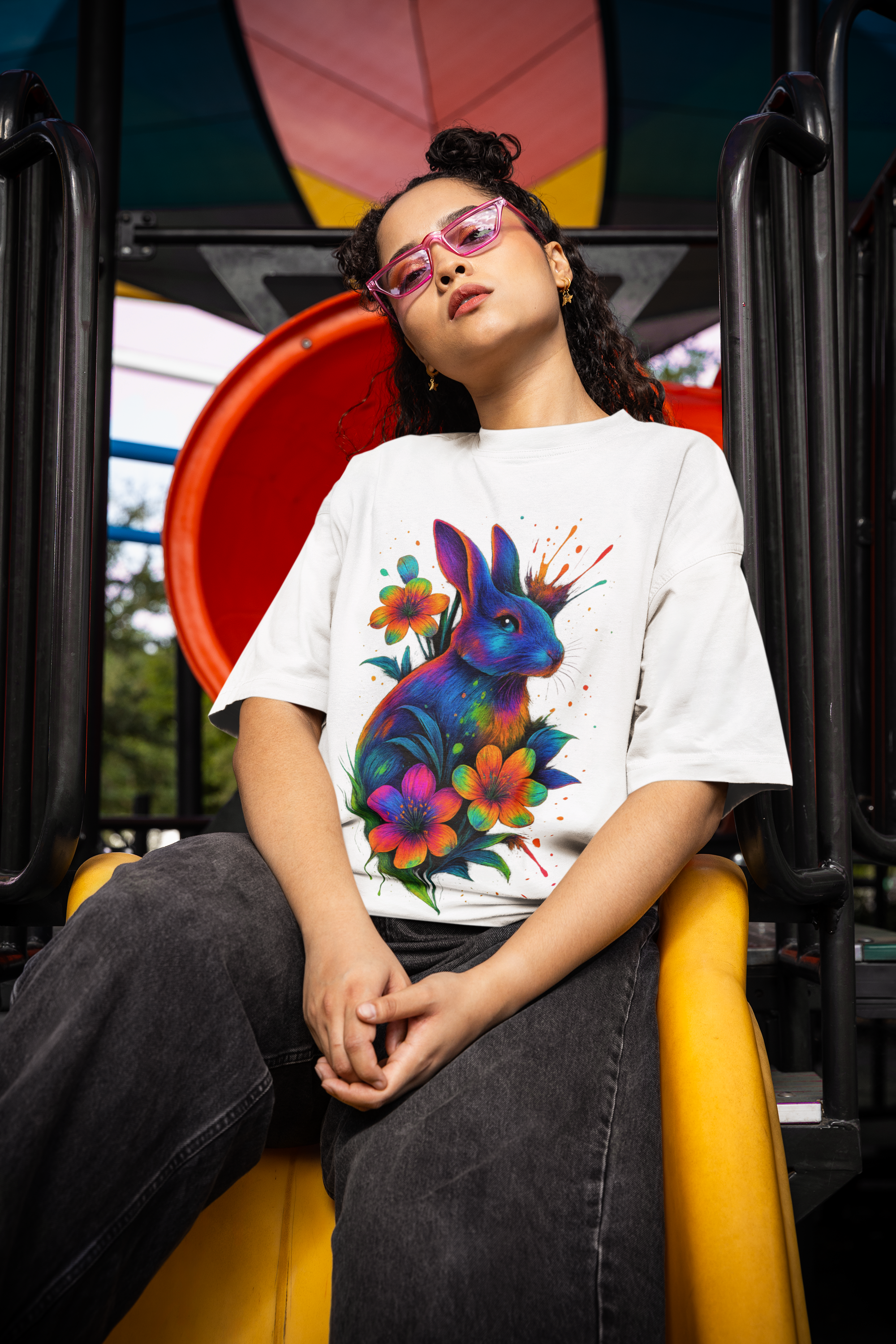 Image of Dinos “Neon Rabbit” T-Shirt | One-of-One Ultra-Premium Oversized Tee | Psychedelic Streetwear Art | by Dinos - DINOS FASHION