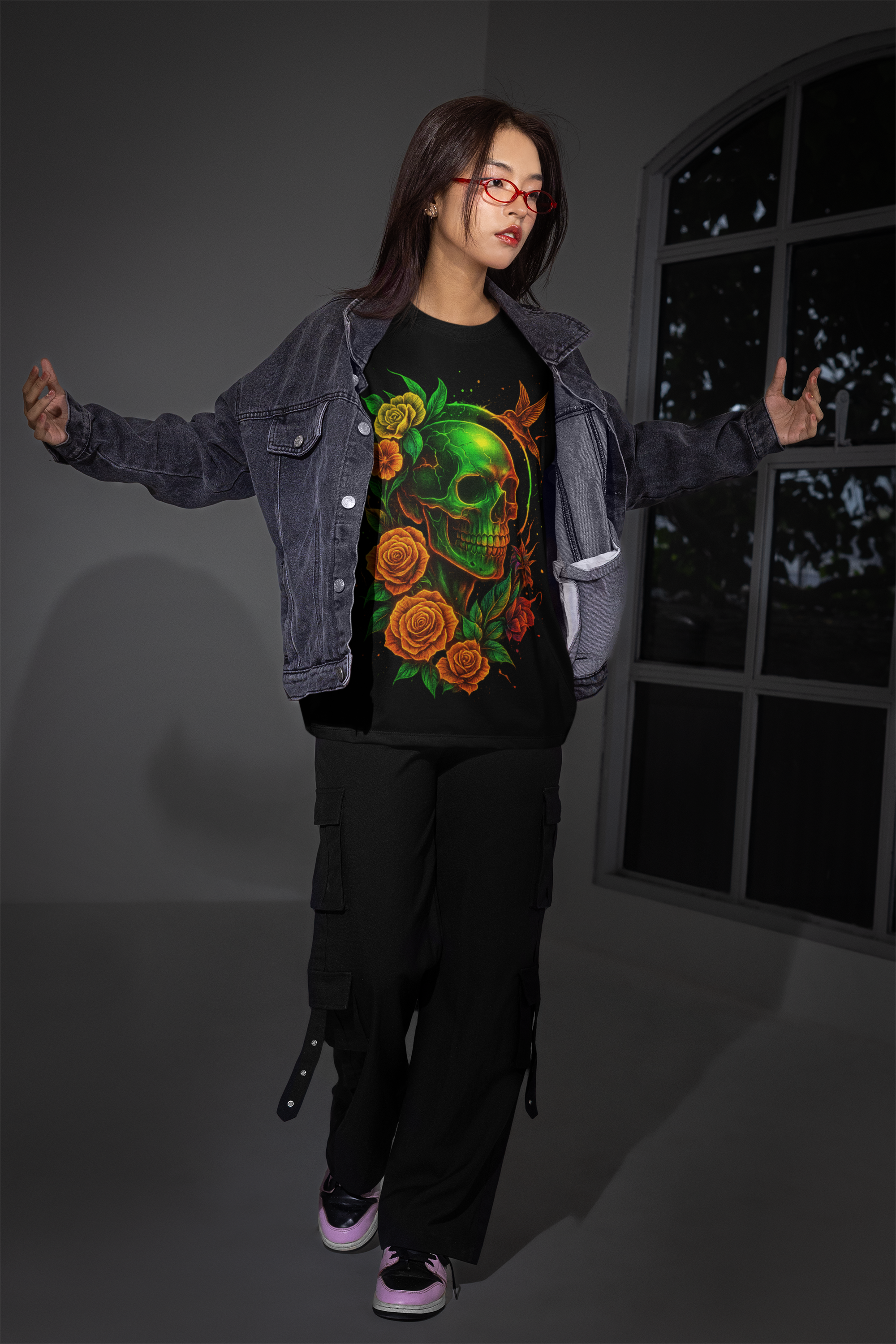 Image of Dinos “Emerald Skull” Oversized Heavyweight T-Shirt | Neon Floral Skull Art | Premium Streetwear - DINOS FASHION
