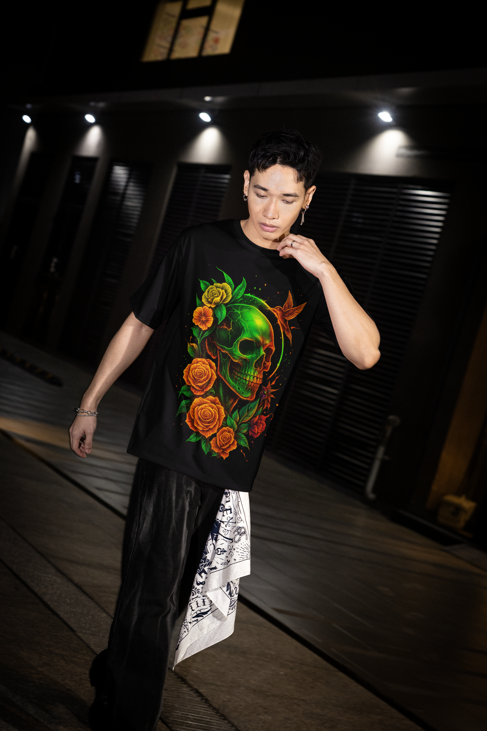 Dinos “Emerald Skull” Oversized Heavyweight T-Shirt | Neon Floral Skull Art | Premium Streetwear - DINOS FASHION