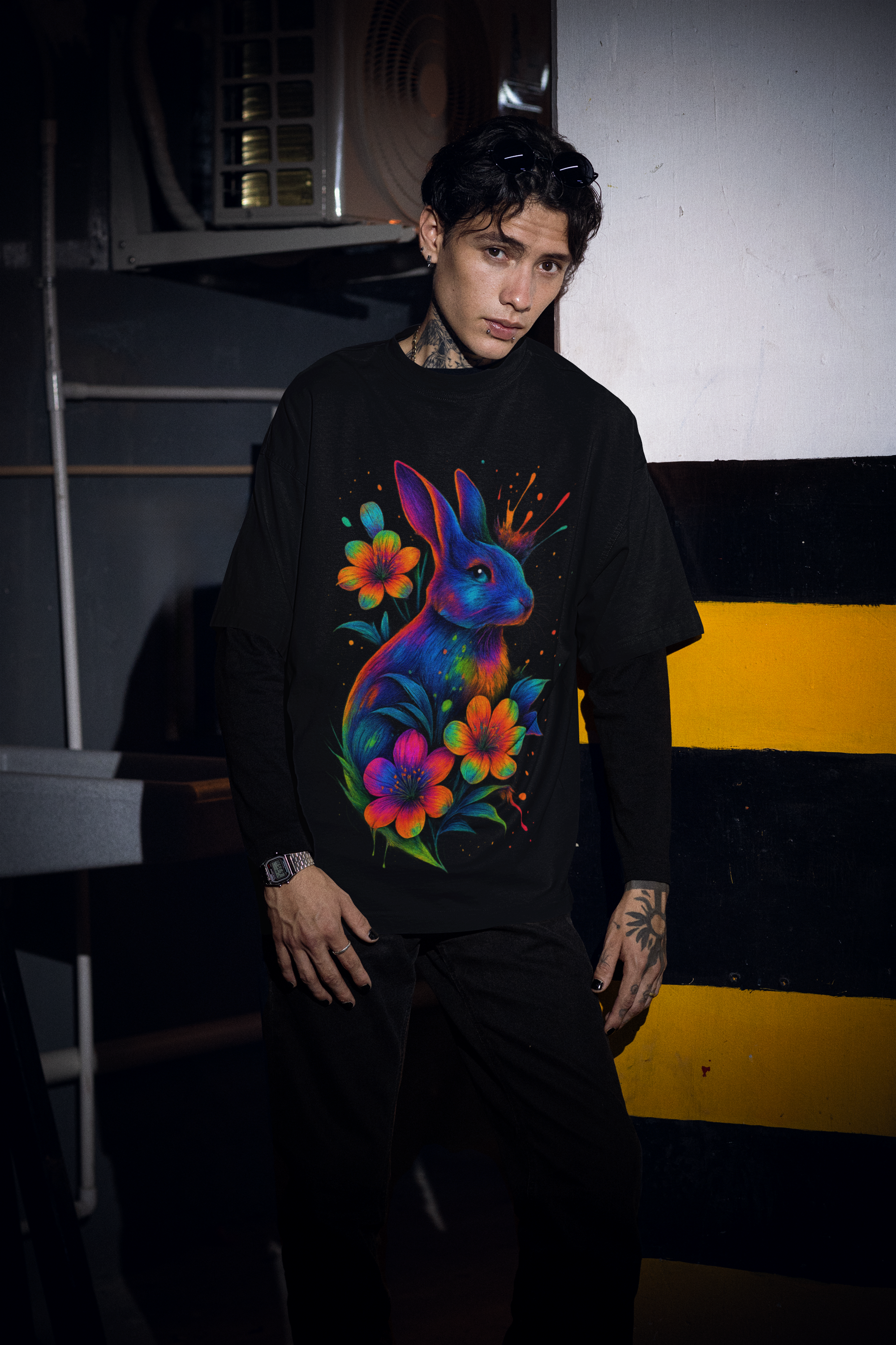 Dinos “Neon Rabbit” T-Shirt | One-of-One Ultra-Premium Oversized Tee | Psychedelic Streetwear Art | by Dinos - DINOS FASHION