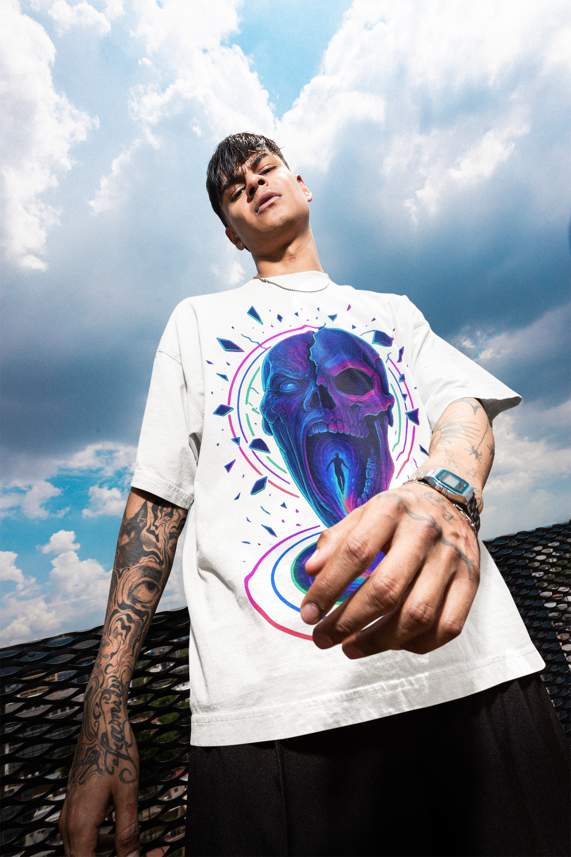 Image of Dinos “Neon Abyss” Oversized T-Shirt | Glowing Skull Portal | Premium 100% Cotton Cyber Streetwear - DINOS FASHION