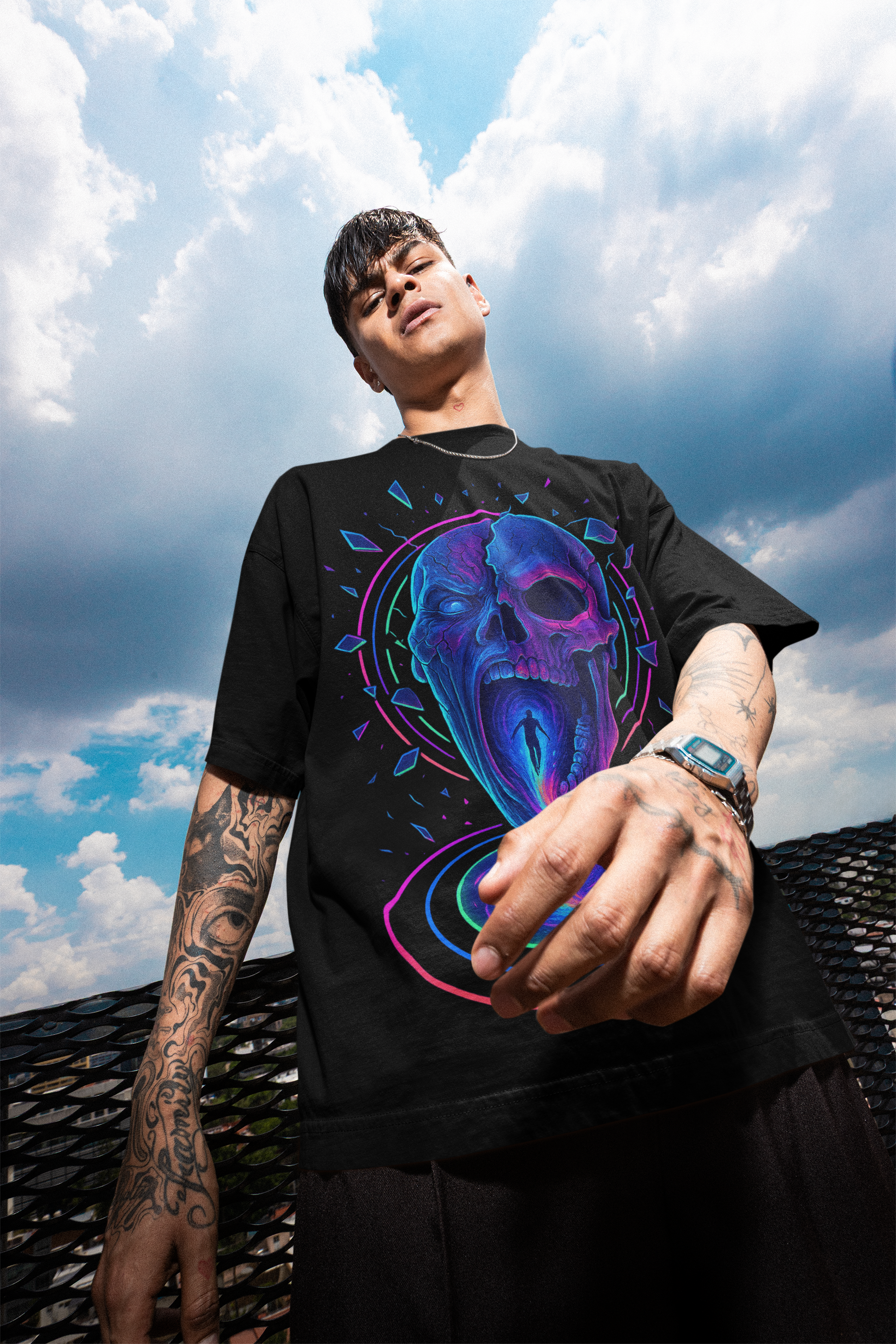 Dinos “Neon Abyss” Oversized T-Shirt | Glowing Skull Portal | Premium 100% Cotton Cyber Streetwear - DINOS FASHION